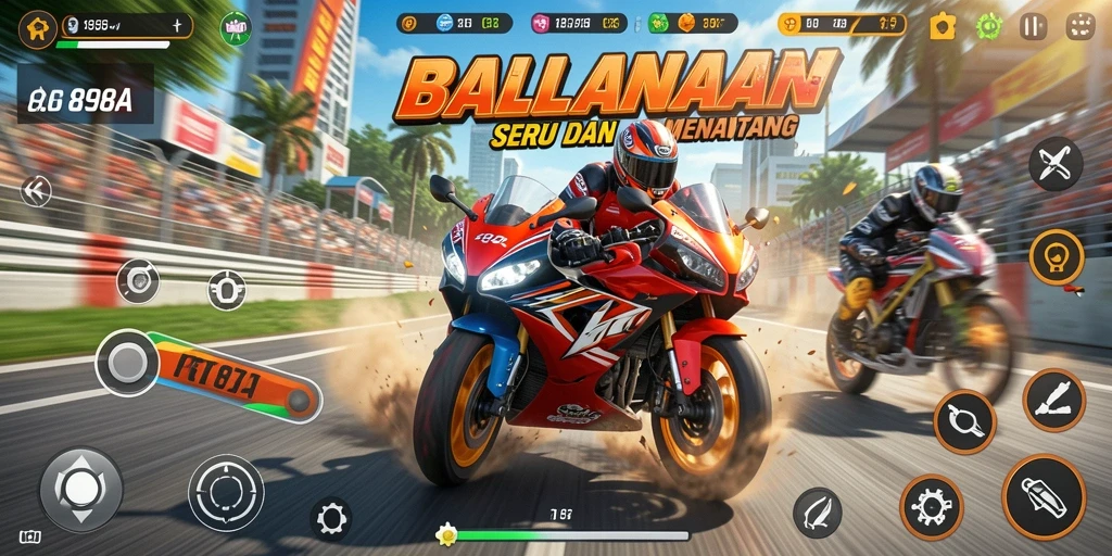 Tangkapan layar gameplay seru dari 898A yang menampilkan balapan motor.