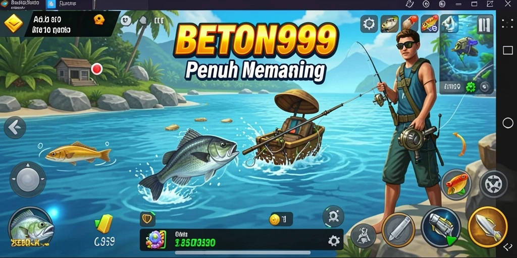 Screenshot BETON999 menampilkan pemain sedang menangkap ikan di lautan yang indah.
