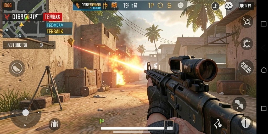 Screenshot ID66 menunjukkan aksi seru dalam pertempuran FPS.