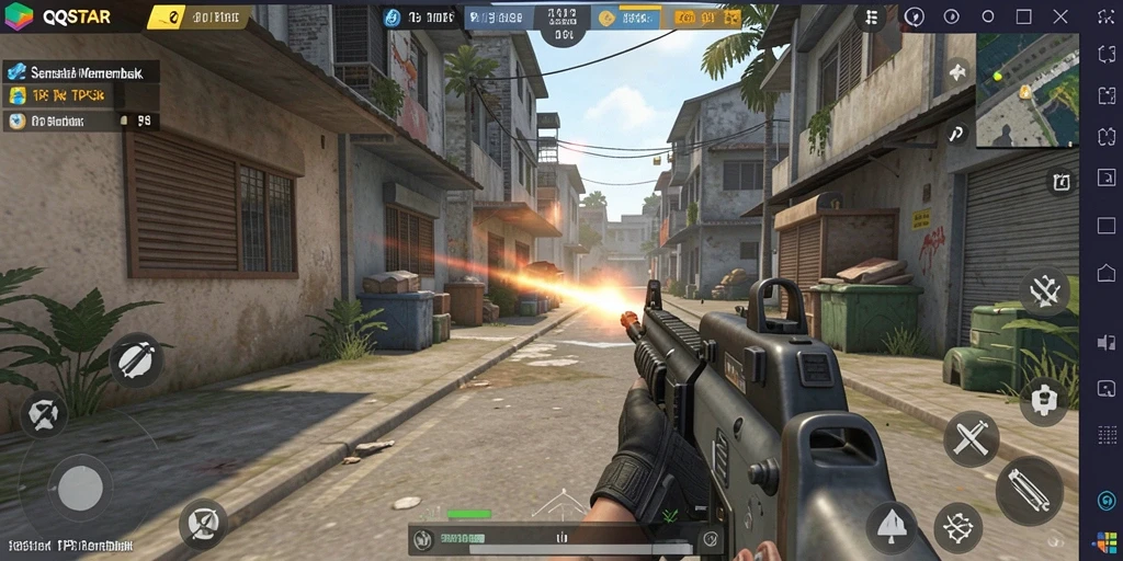 Screenshot dari gameplay QQSTAR dengan aksi menembak yang intens.