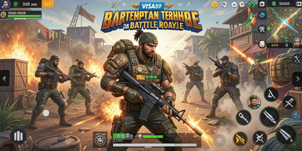 Screenshot dari gameplay intense dalam pertempuran Battle Royale.